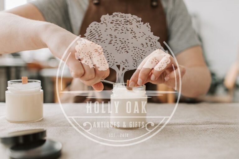 Person crafting scented candles at Holly Oak shop.