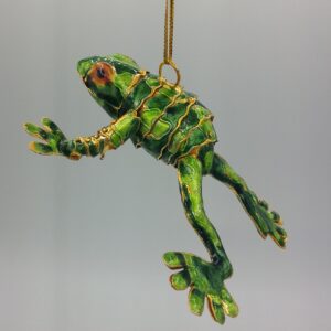 Green frog ornament with golden wire detail.