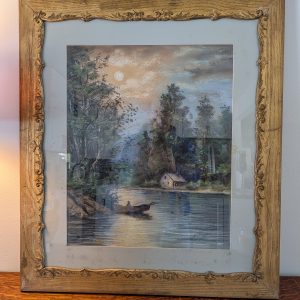 Framed landscape painting with water scene